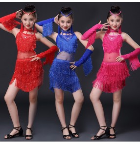Royal blue red fuchsia hot pink hollow see through waist backless rhinestones sequins fringes tassels girls kids children stage performance school play latin ballroom dance dresses outfits